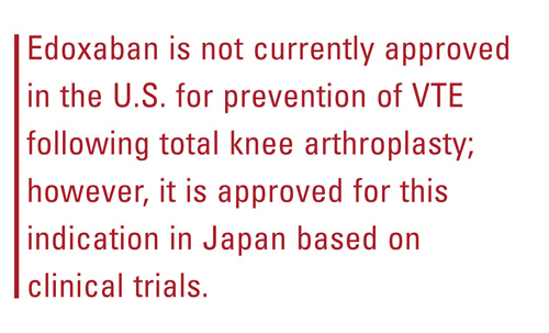 Edoxaban is not currently approved in the U.S. for prevention of VTE following total knee arthroplasty; however, it is approved for this indication in Japan based on clinical trials.