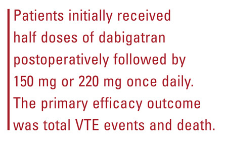 Patients initially received half doses of dabigatran postoperatively followed by 150 mg or 220 mg once daily. The primary efficacy outcome was total VTE events and death.